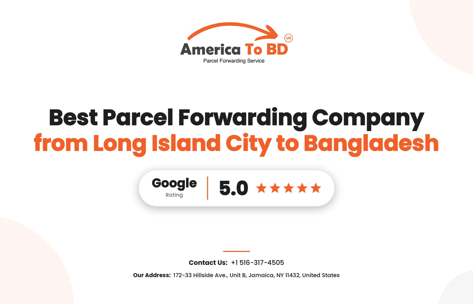 America to BD banner reading Best Parcel Forwarding Company from Long Island City to Bangladesh, with logo and 5.0 badge