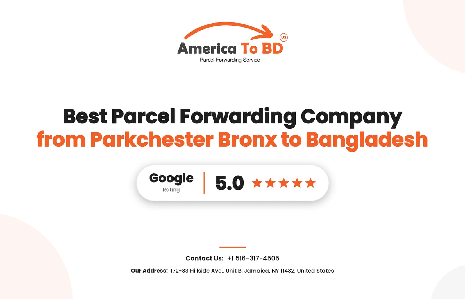 America to BD cover: Best Parcel Forwarding Company from Parkchester, Bronx to Bangladesh, with logo and US address footer